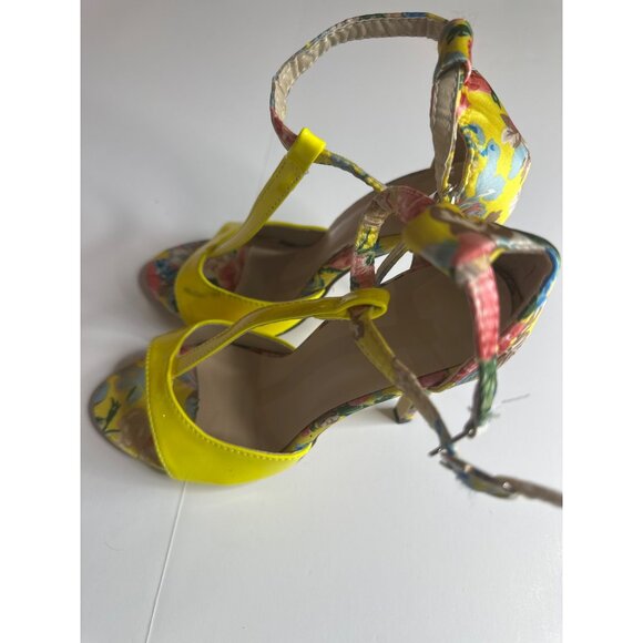 Yellow Floral T-Strap High Heels With Ankle Strap & 4.5" Stiletto Heel - Picture 2 of 7